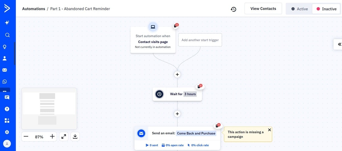ActiveCampaign automation platform showing AI assistant workflow creation, customer behavior tracking, and personalized email campaign management for ecommerce businesses